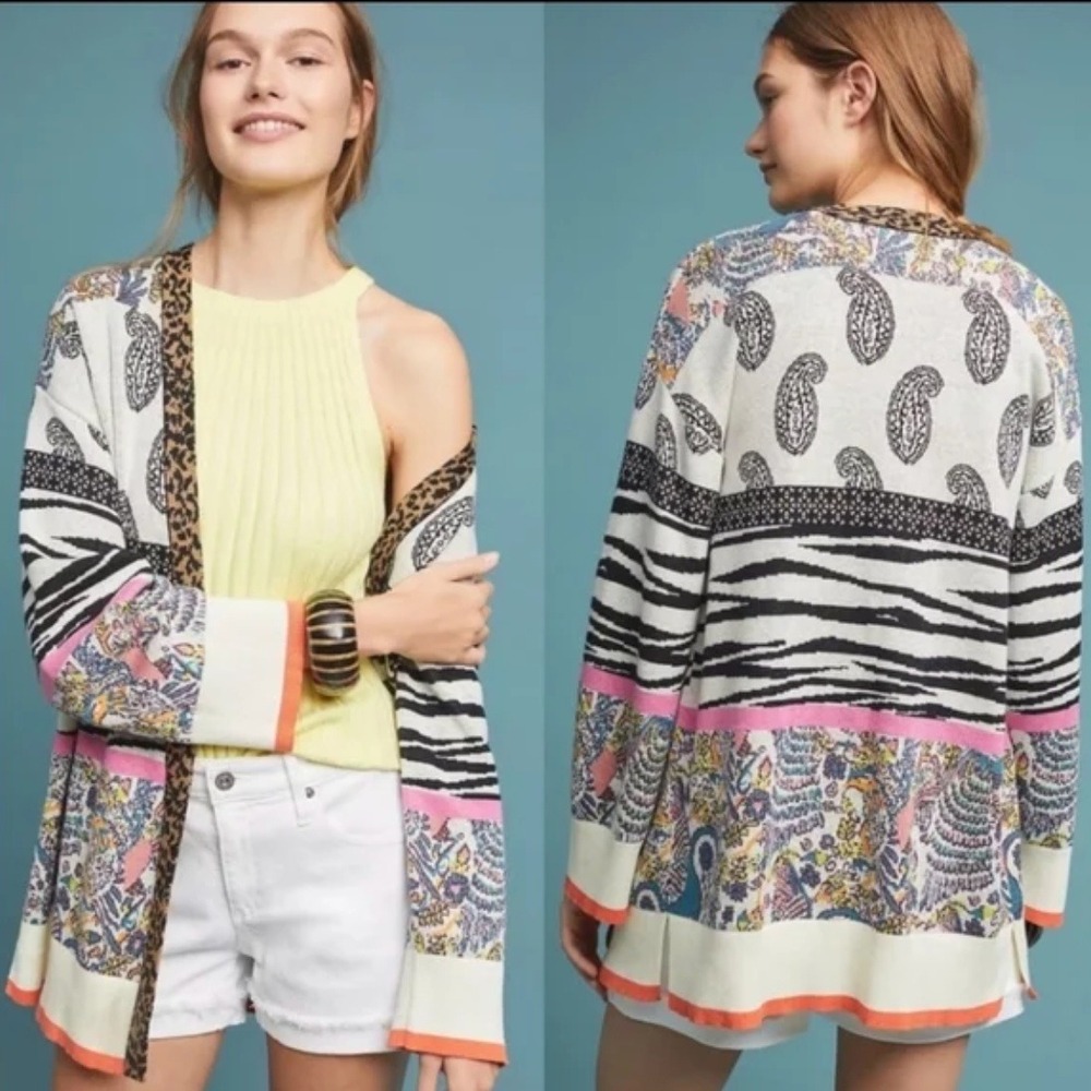 Anthropologie BRICOLAGE Cardigan Womens XS Animal Print Paisley Open Kimono - Picture 1 of 11